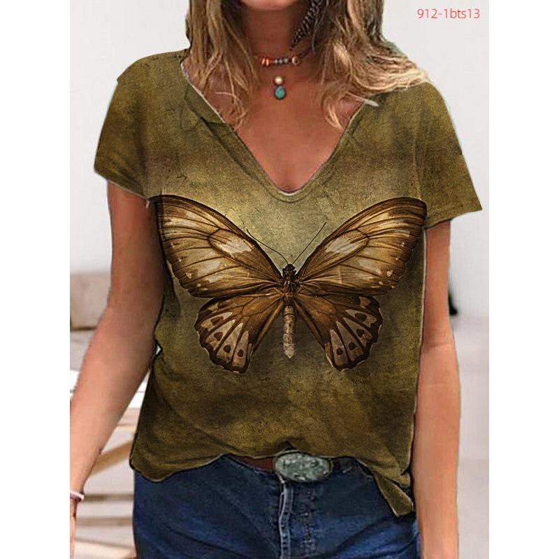 

Printed Short Sleeve Top Women S Butterfly V-Neck 3D Printed T-Shirt Summer L