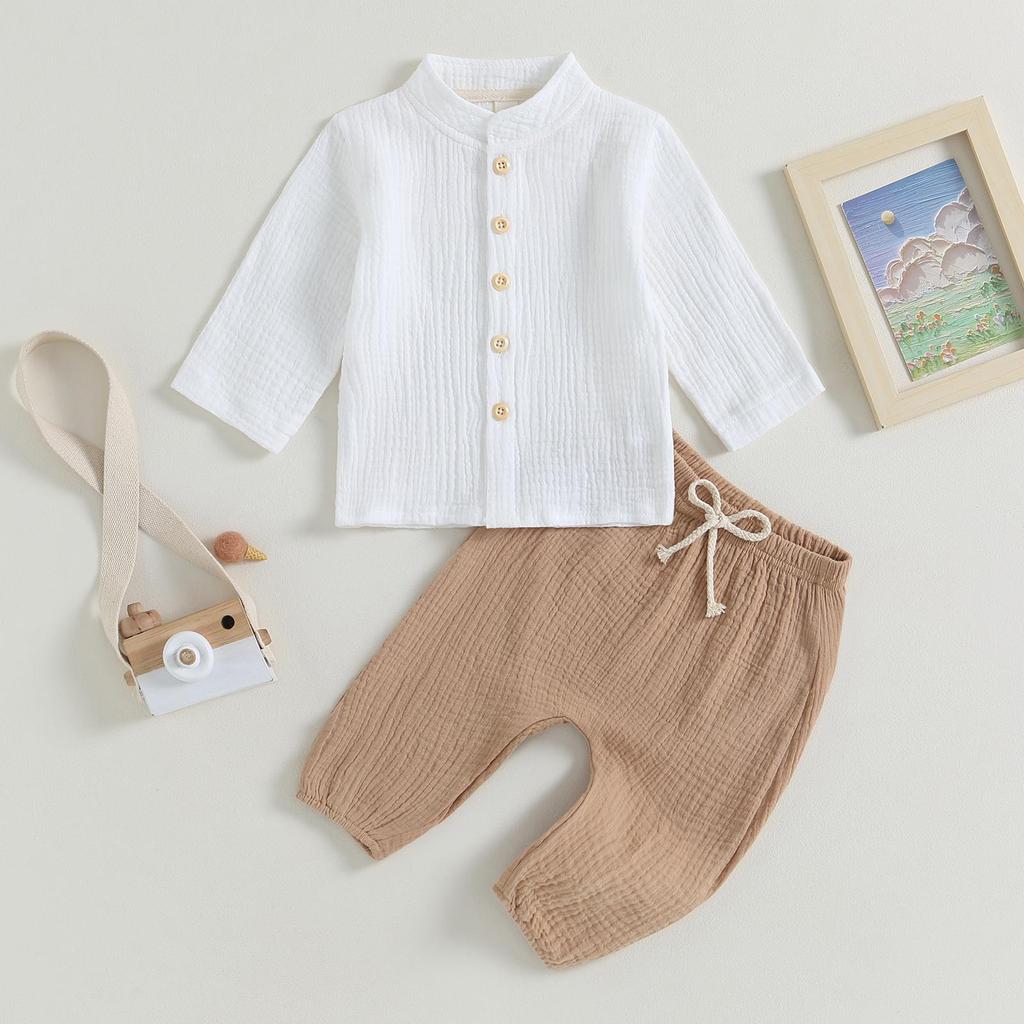Kids Boys  Cotton Linen Kids Boys Outfits Fall Solid Buttons Long Sleeve Shirts Tops and Elastic Waist Long Pants 2Pcs Clothes Set