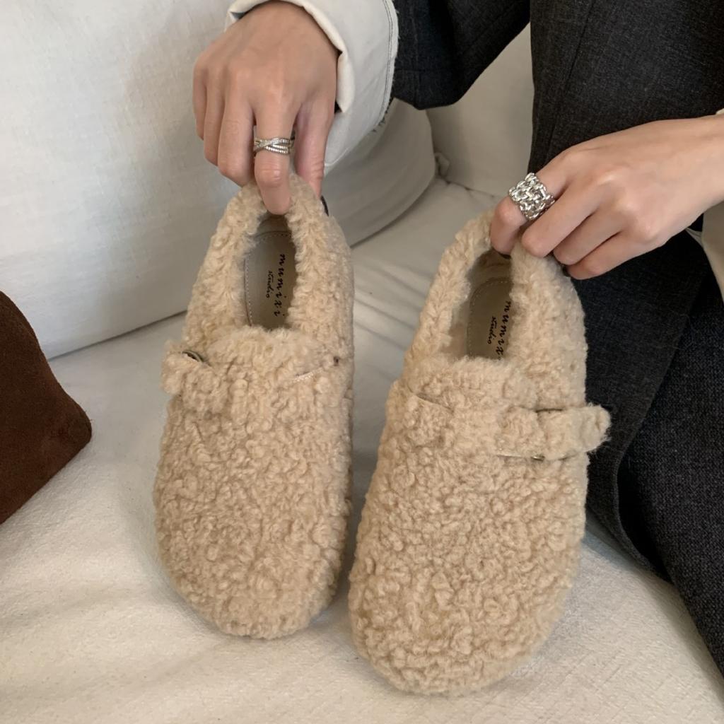 2025 New Korean Version of Round Head Boken Thick-soled Fluffy Plush Warm Outer Wear Snow Single Women's Shoes