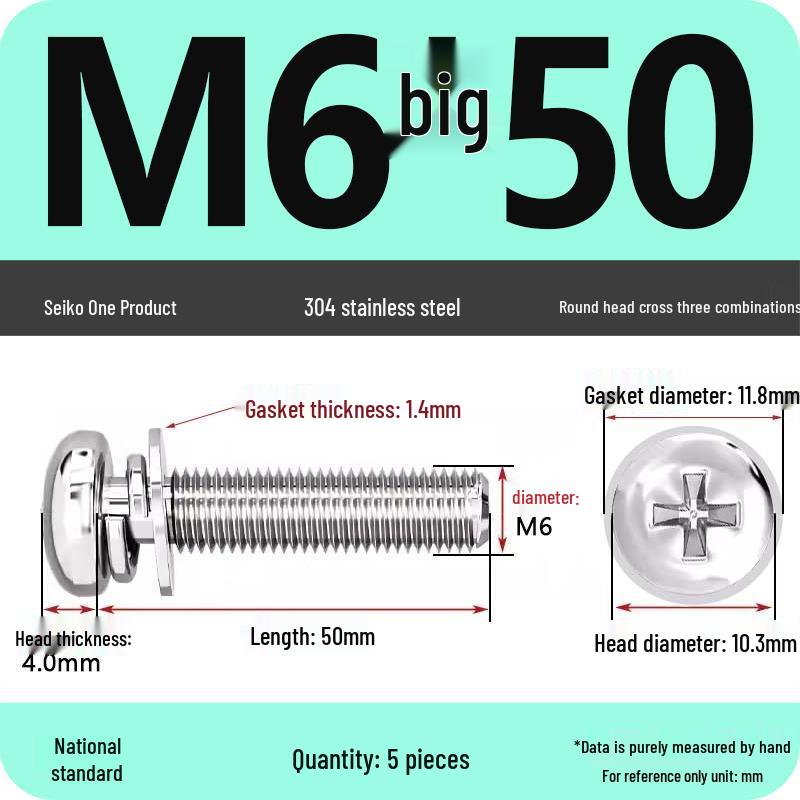 304 Stainless Steel Round Head Phillips Screw with Flat Washer (Sizes M3, M4, M5, M6)