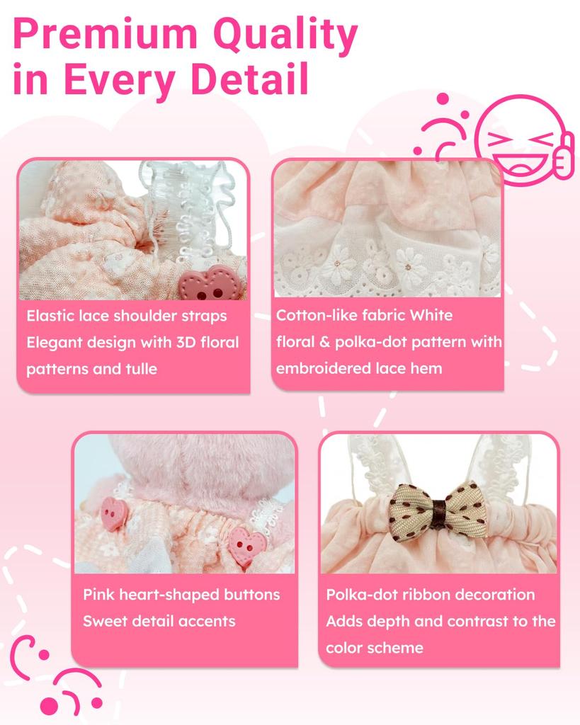 Labubu 15-17cm Doll Clothes, Sakura Pink Jumper Skirt with Elastic Chest, Lace Shoulder Straps, and Ribbon, Cute Interchangeable Outfit for Plush
