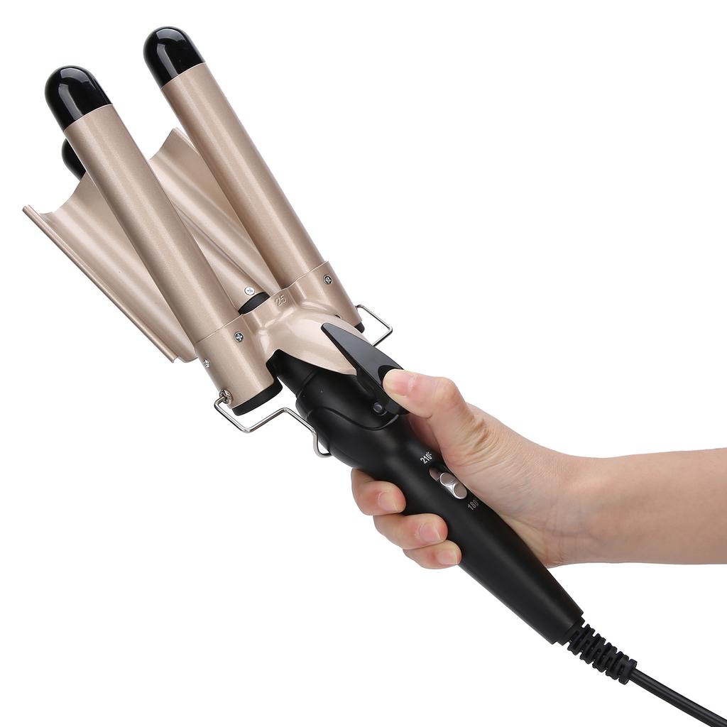 Hair Curler Triple Pipe Hair Curling Iron Wand 2 Temperature Tourmaline Electric Hair Styling ToolGold US Plug