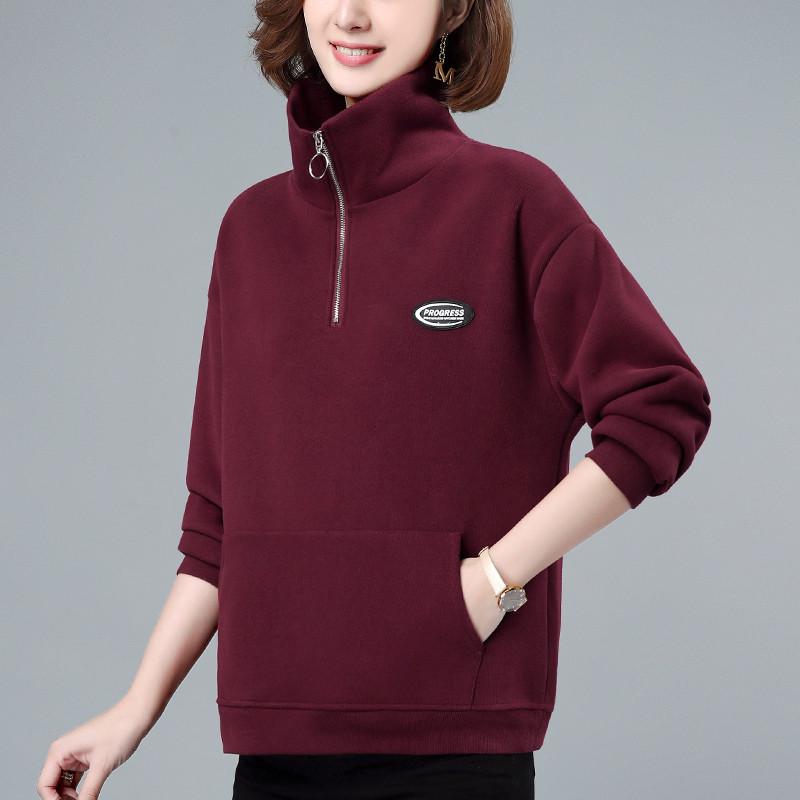 Women's Plus Velvet Thickened Half-Zip Pullover - 2023 Autumn/Winter Fashionable Loose Stand-Up Collar Sweatshirt