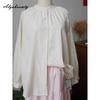 Spring Summer Women Baggy Blouse Stand Collar Apricot Floral Embroidery Oversized Shirt Long Sleeve Cotton Ladies' Blouse
