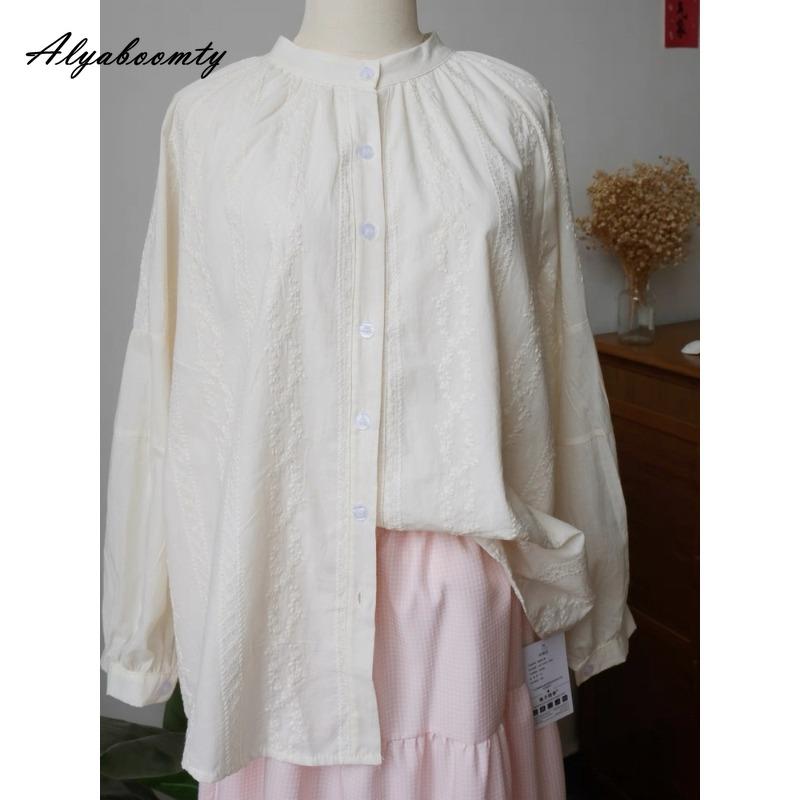 Spring Summer Women Baggy Blouse Stand Collar Apricot Floral Embroidery Oversized Shirt Long Sleeve Cotton Ladies' Blouse