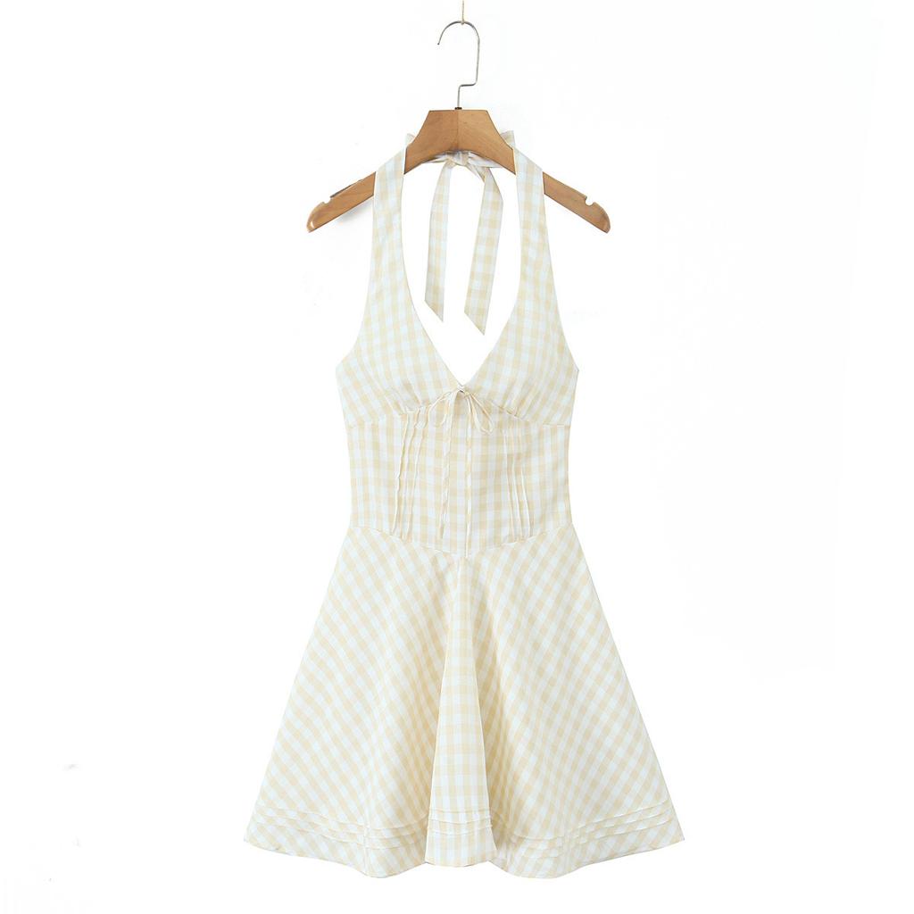 French retro plaid sweet and sexy neck halter waist thin dress women's summer vacation style short skirt