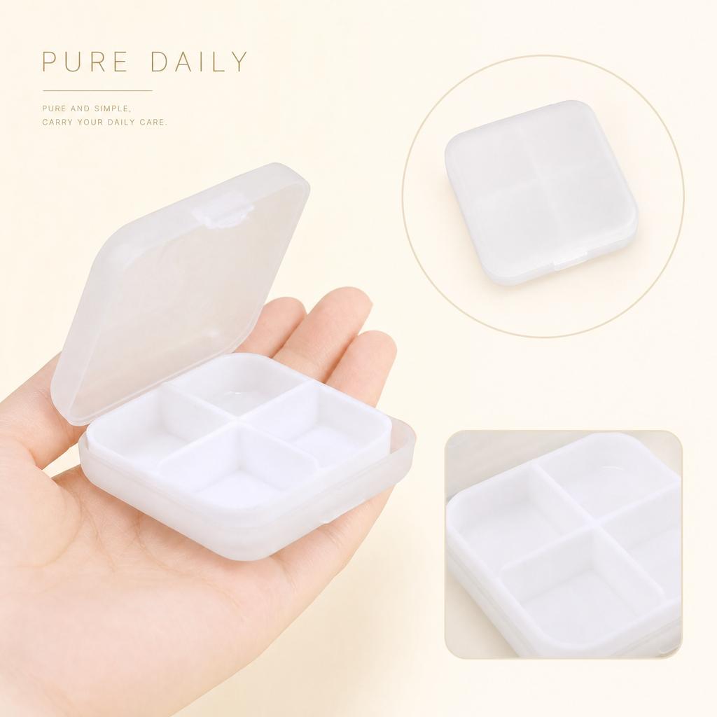Portable 4 Compartment Plastic Pill Organizer Box with Secure Snap Lid for Travel and Daily Use Medication Storage