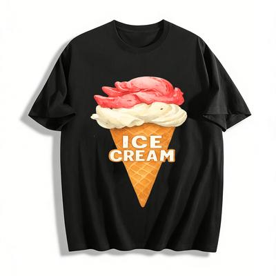 Summer Sweet Style Strawberry Vanilla Double Scoop Ice Cream Print Short Sleeve T-shirt Unisex Pure Cotton T-shirt