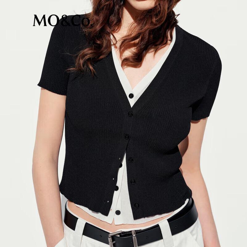 MO&Co. Women's Color-Blocked Faux Two-Piece Cropped Knitted Cardigan