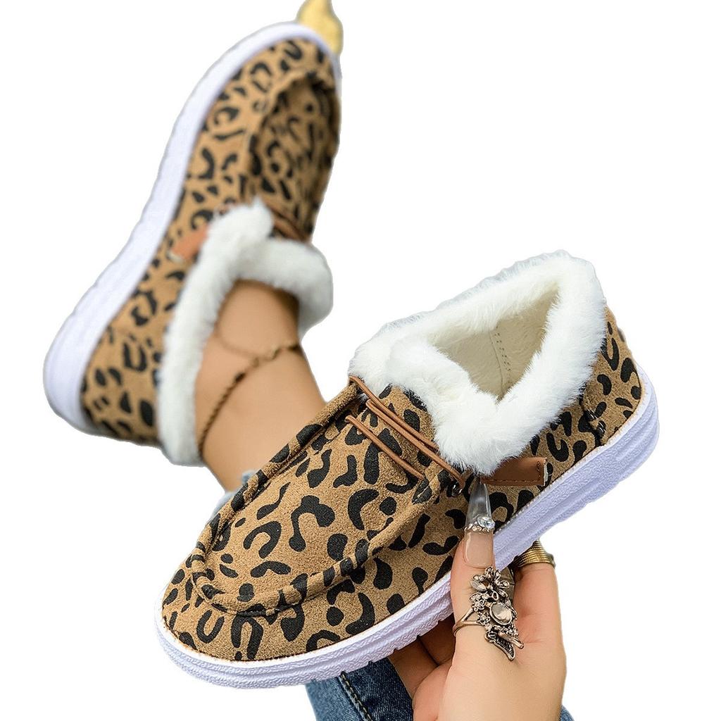 New cotton shoes snow boots autumn and winter leopard print flat bottom foot fluff daily large size