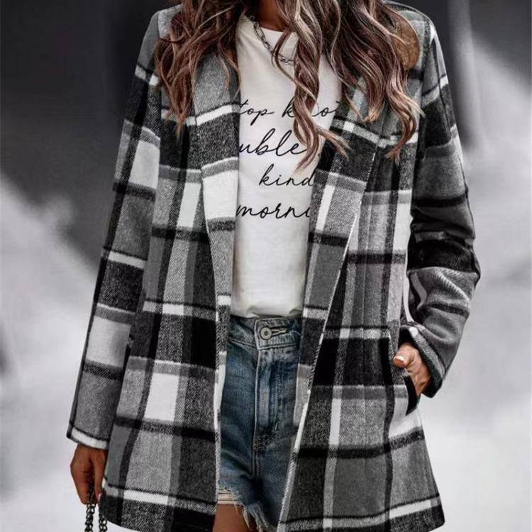 Women Vintage Casual Winter Wool Long Sleeve Loose Coat Polo Neck Jacket Plaid Print Pocket Outerwear