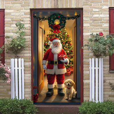 Christmas Tree Door Cover and Santa Claus Festive Holiday Decoration, Winter Themed Photography Versatile Hanging for Entrance