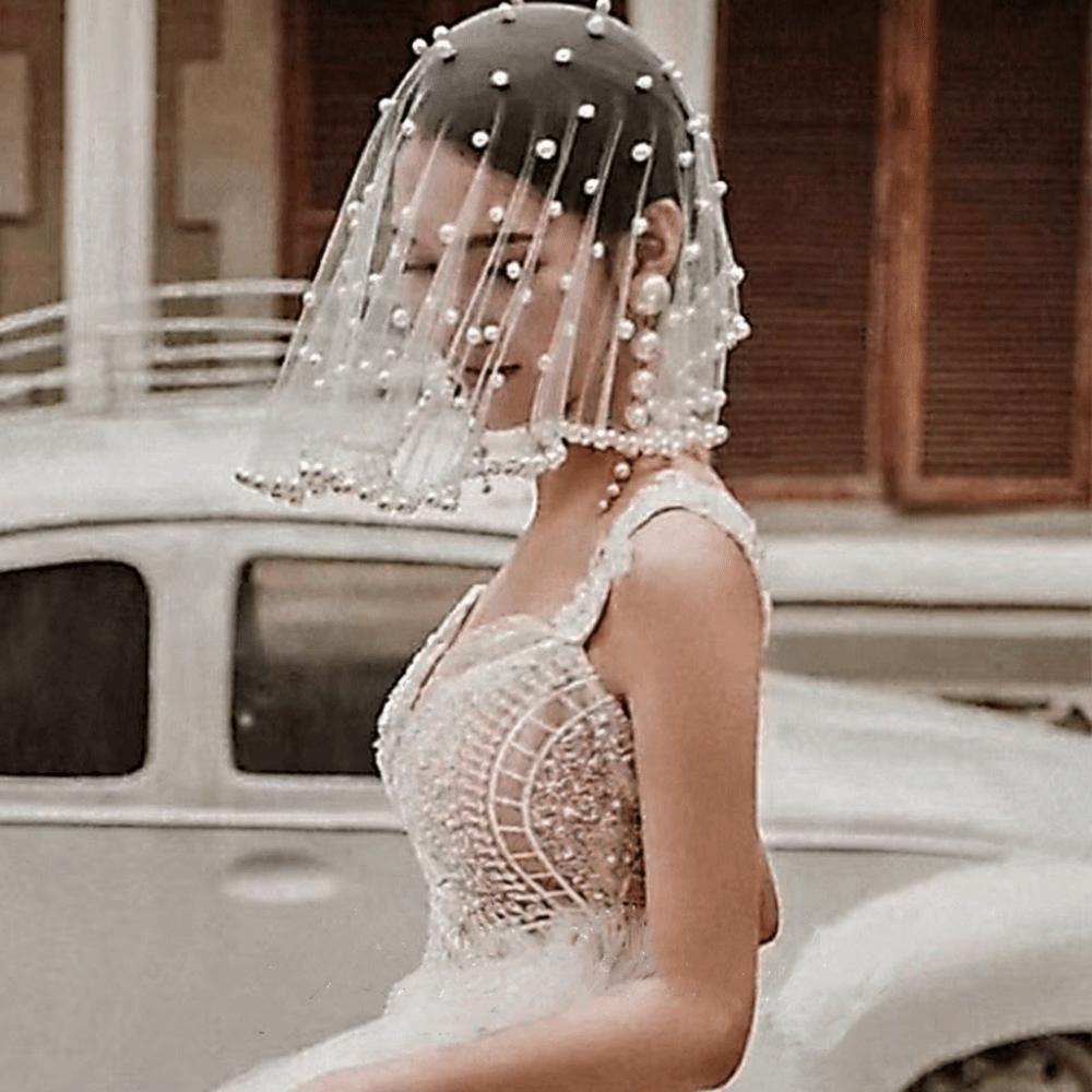 Vintage White Black Red Pearls Beads Brides Veil Headwear Solid Color Tulle Wedding Veils Wedding Veils Wedding