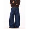 American Retro Pleated Design Dark Blue Jeans for Men and Women, Loose and Versatile, High-End Casual Straight-Leg Wide-Leg Pants