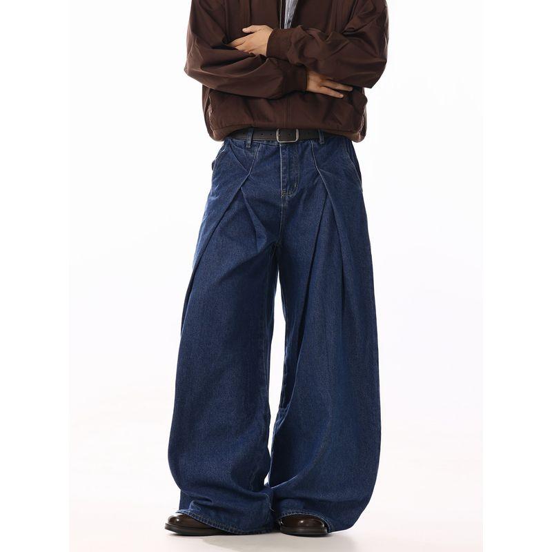 American Retro Pleated Design Dark Blue Jeans for Men and Women, Loose and Versatile, High-End Casual Straight-Leg Wide-Leg Pants