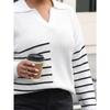 Women Plus Size Color Block Striped Polo Neck Long Sleeve Loose Pullover Knit Sweater