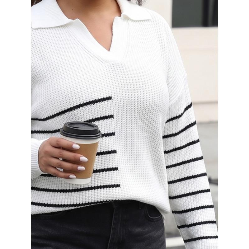 Women Plus Size Color Block Striped Polo Neck Long Sleeve Loose Pullover Knit Sweater
