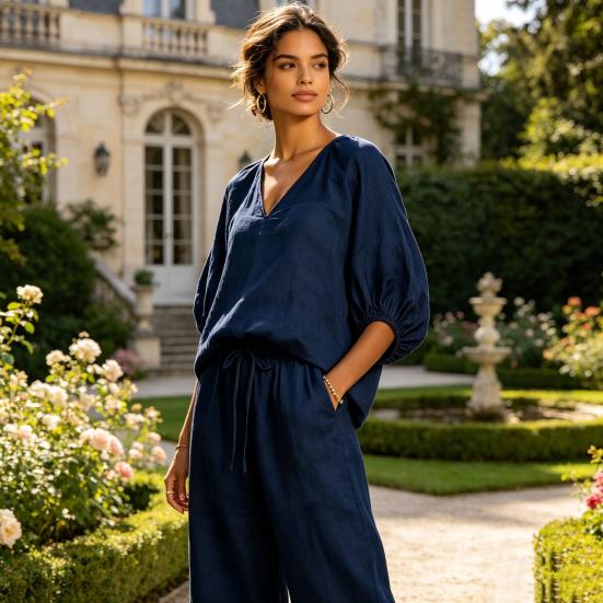 Yousheng Women's Casual 2 Piece Lounge Sets Puff Half Sleeve V Neck Top And Wide Leg Pants Travel Vacation Outfits with