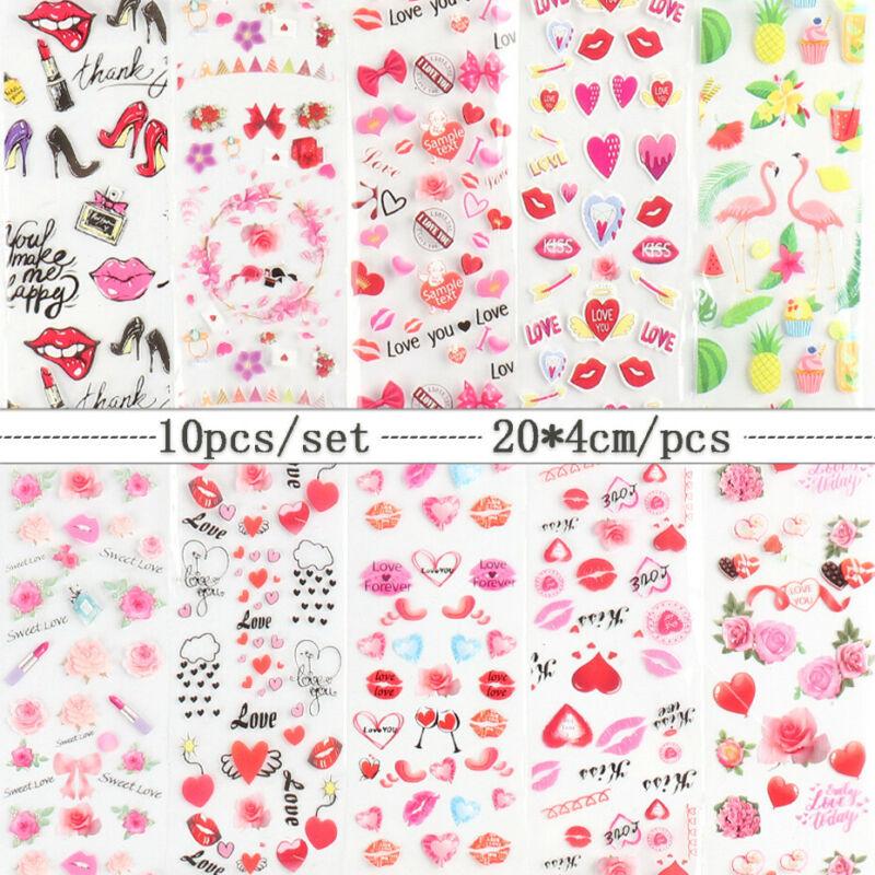 10 Blatt Love Lips Heart Nail Art Transferfolienaufkleber Starry AB Paper Wraps
