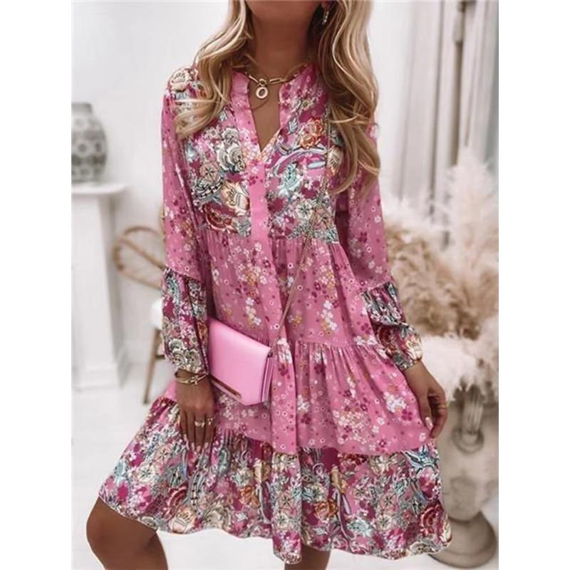 Women's Fashion Spring Fall Flower Pattern Print Long Sleeve Stand-collar Loose Waistline Casual Dresses