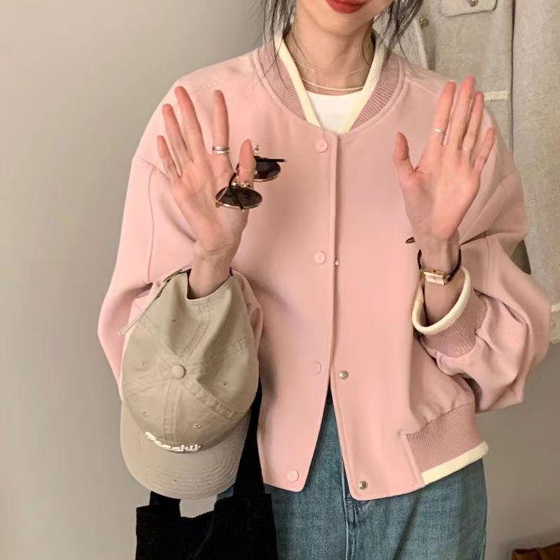Women's Pink Loose Casual Baseball Jacket - Spring 2025 Korean Style Top, Spandex