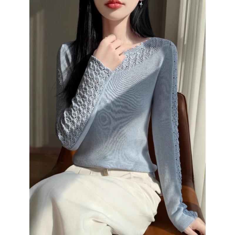 Women S Long Sleeve Knit Sweater One Neck Crochet Hollow Basic Top