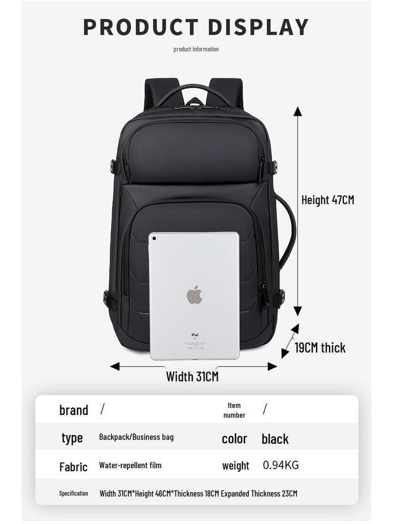 Expandable Water-Repellent Leather Laptop Backpack for Men - Large Capacity, Ideal for Business Trips and Commutes