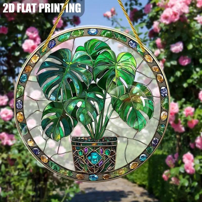 2D Flat Acrylic Colorful Monstera Leaf Acrylic Sun Catcher - Stained Glass Style Design with Green Leaves and Floral Accents, Home Decor