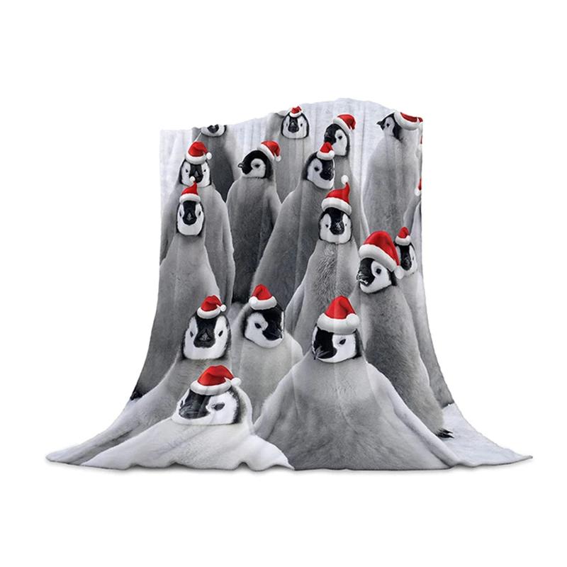 Manta navideña para sofá cama, diseño de pingüino con gorro navideño, suave, acogedora y ligera, de franela polar.