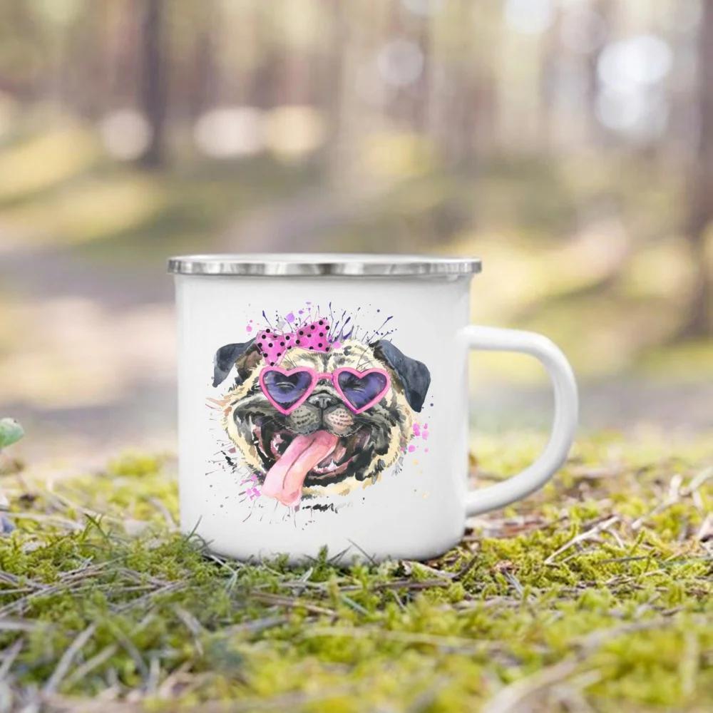 French Bulldog Print Mugs Creative Coffee Cup Drink Milk Beer Cup Camping Camfire Enamel Mugs Handle Drinkware Gift for Dog Love