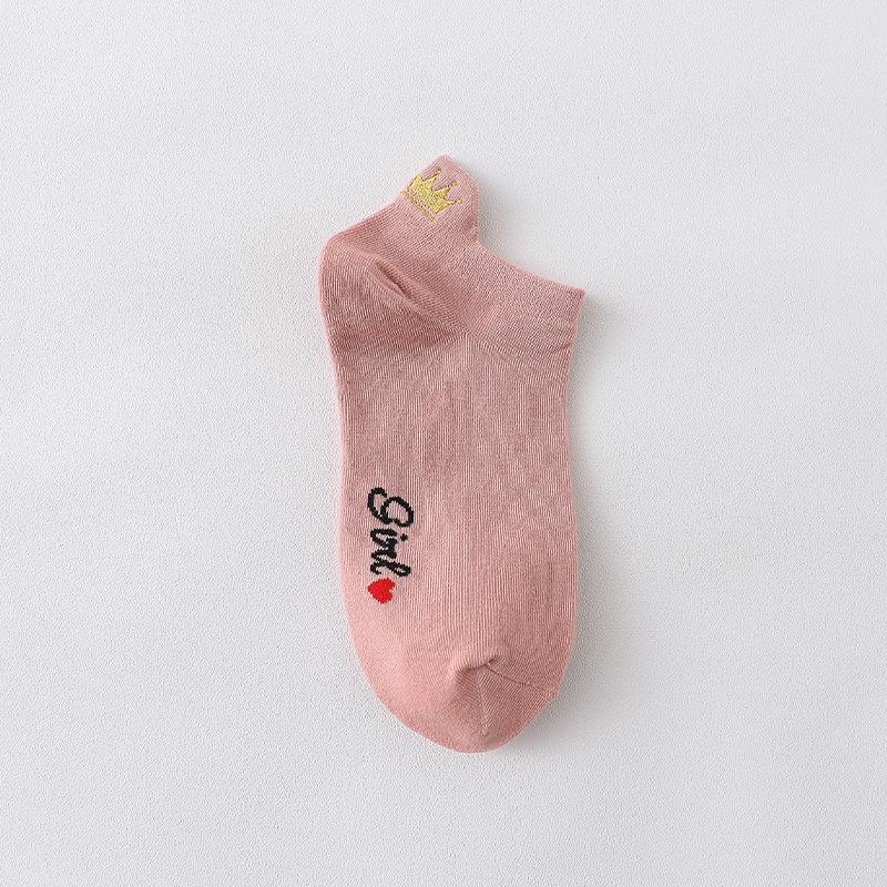 Ladies Spring Summer Cute Crown Embroidery Low Top Wicking Sweat Breathable Invisible Boat Socks