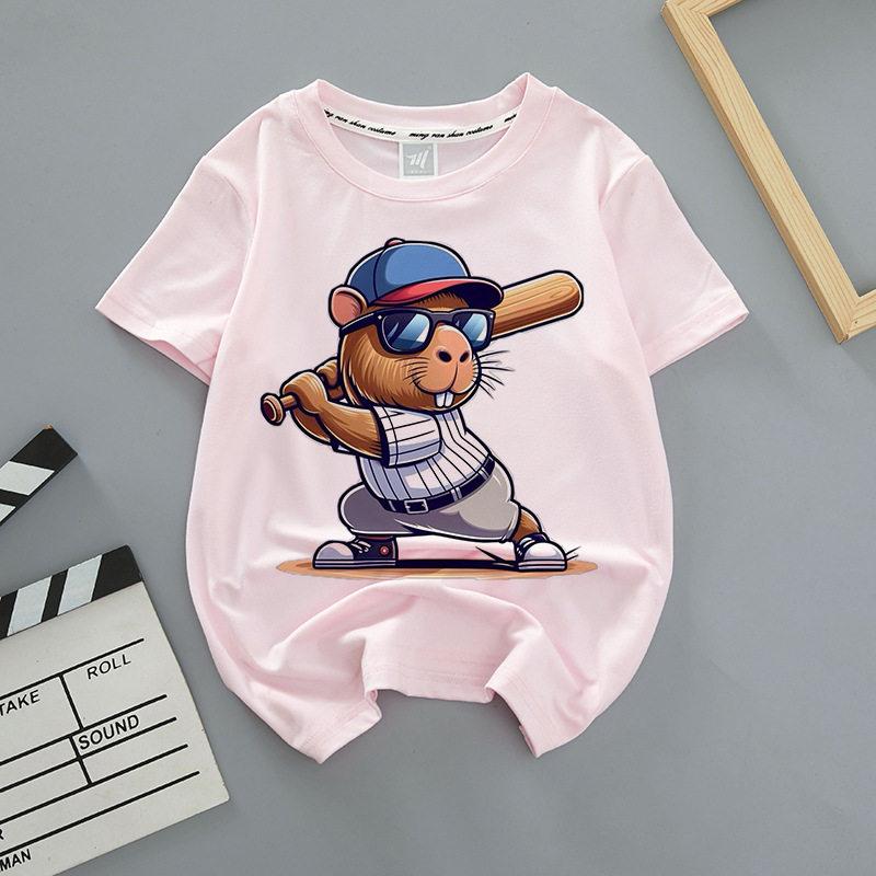 Capybara Summer Childrens Wear Shortsleeved Capybara Cute Childrens Roundneck Pink Trendy Brand Breathable Tshirt