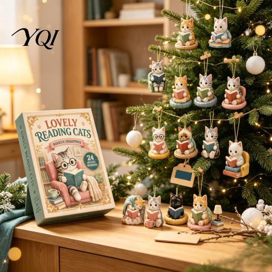 Christmas Tree Hanging Decorations Reading Cat Advent Calendar 2026, Cute Kitten Acrylic Ornaments 24 Days Countdown Unique Box Calendar, Pcs Cartoon