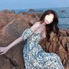One-word Shoulder Off-the-shoulder Long Dress Floral Dress Summer New Sanya Travel Seaside Vacation Beach Dress