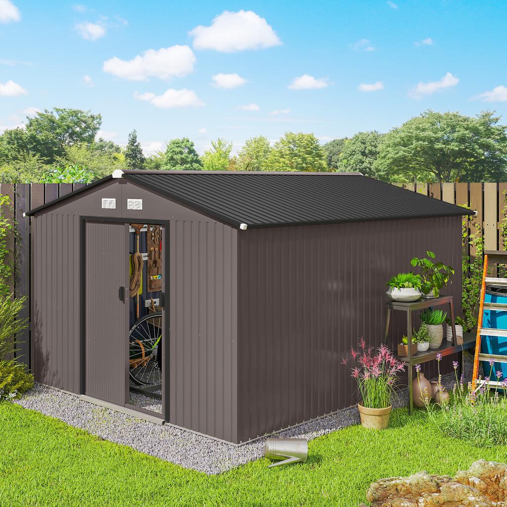 Depósito de Jardim com 2 Portas de Correr e 4 Ventilações em Aço, 322x277x192 cm, Castanho