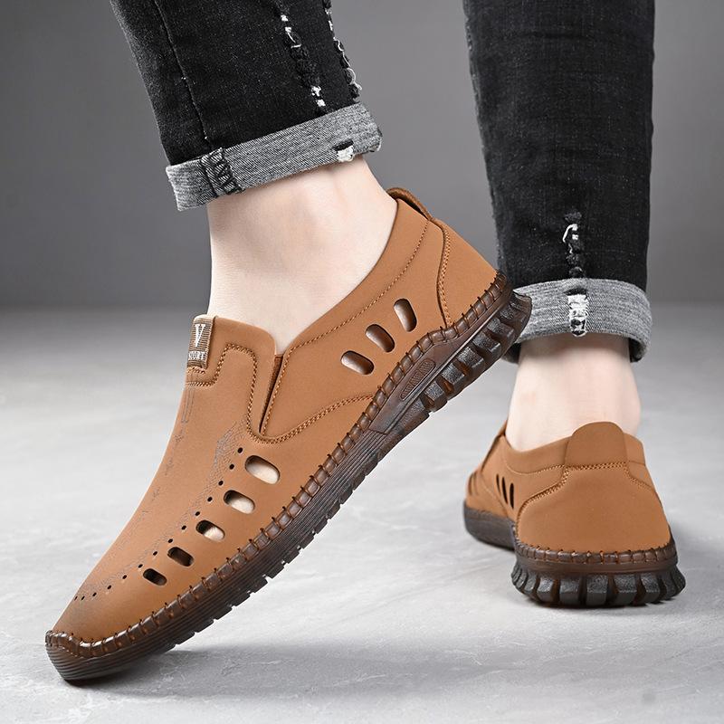 Summer leather sandals, men's hole leather shoes, toe openwork, elderly dads, breathable casual men's shoes