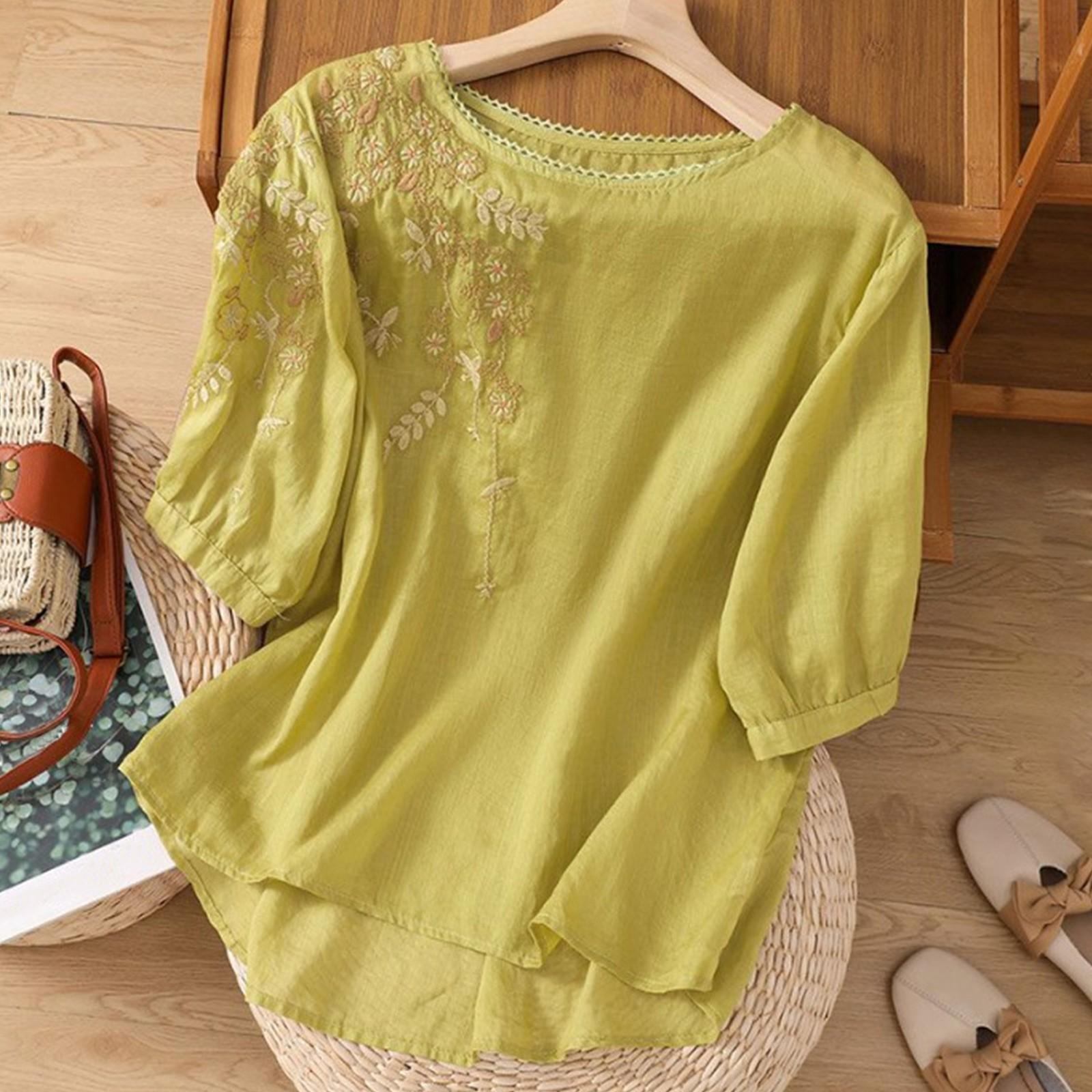 

Women s Solid Color Cotton And Linen Short-sleeved Embroidered Retro Breathable T-shirt Round Neck Top XL