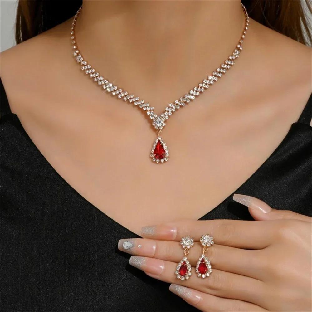 Luxurious Crystal Necklace Earrings Set Water Drop Pendant Clavicle Chain Party Jewelry Accessories for Women Wedding Bride