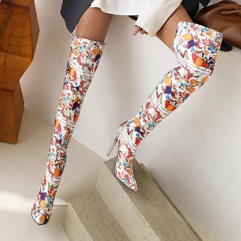 Ladies Pointed Bling Diamond Thigh Boots Rhinestone Boots Printed Retro Over The Knee Boots Transparent Stiletto High Heels Size