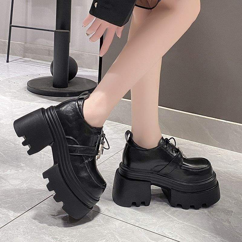 British style platform thick-heeled loafers women's 2025 autumn and winter new velvet fashion versatile black high-heeled small leather shoes