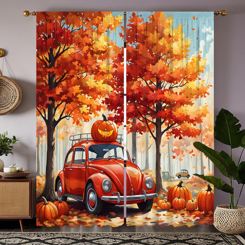 2 pieces of HD maple leaf under the pumpkin classic car curtain Yellow tie digital printed curtain home decoration style decorat
