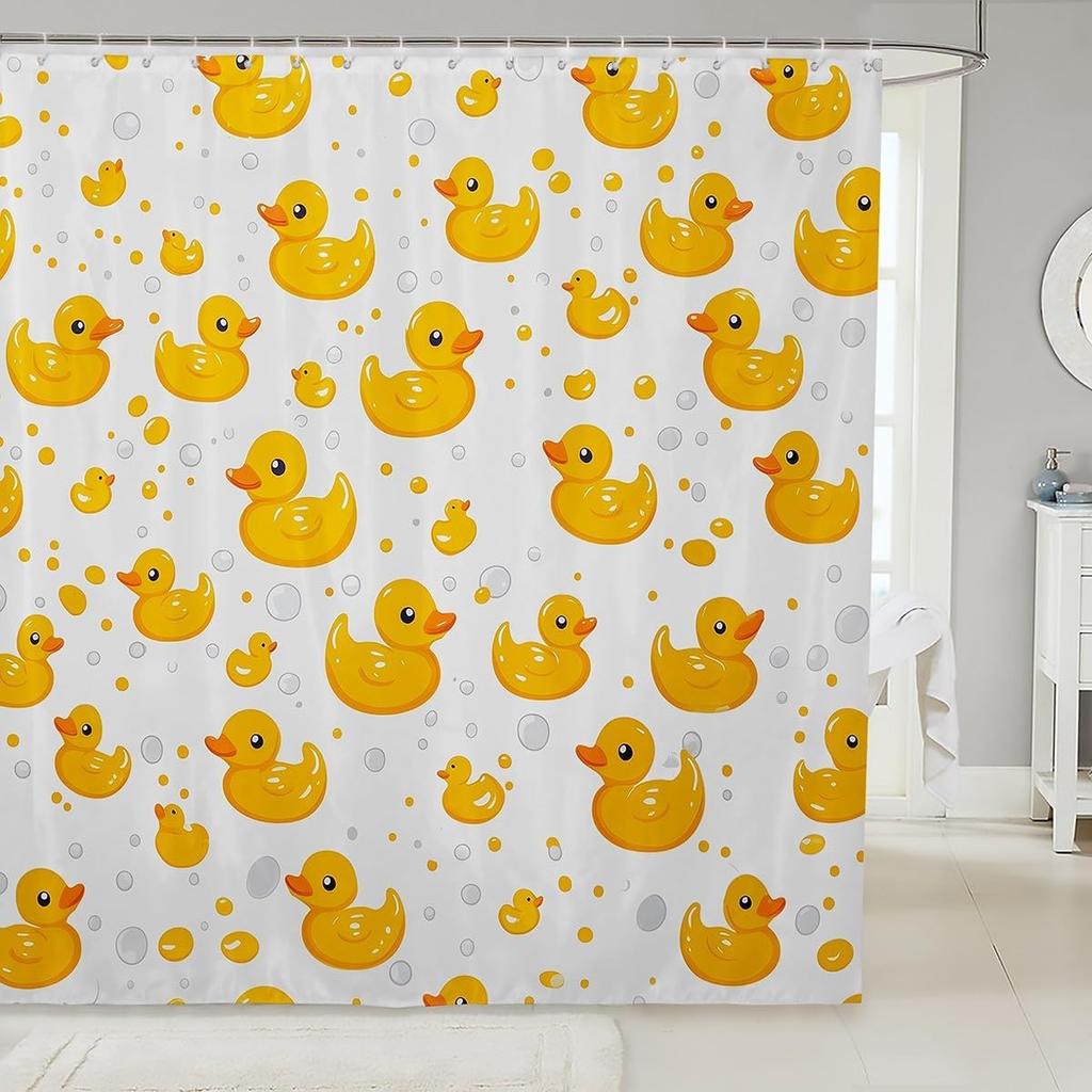Yellow Rubber Duck Shower Curtain Set,Cute Swimming Duck Bathroom Decor for Kids,Kawaii Animal Bathroom Set Gifts for Pet Lovers