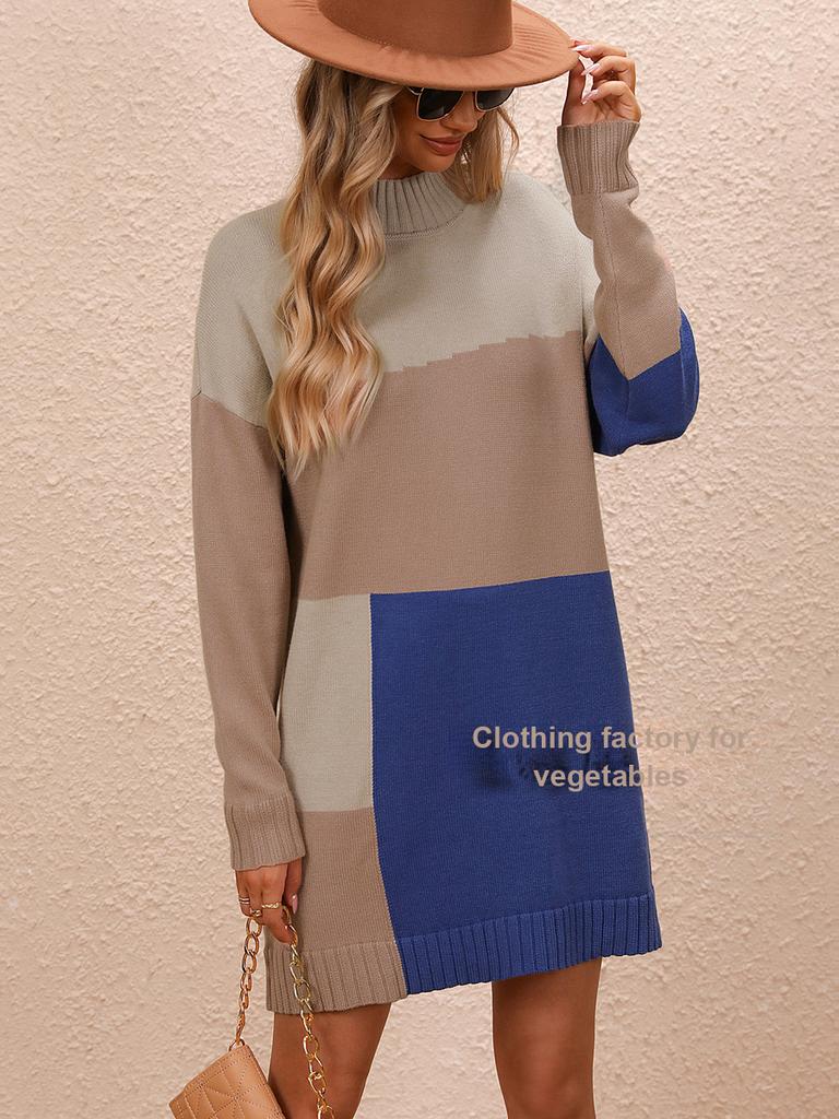 Fall Winter New Arrivals Patchwork Imported Dress Long Sleeve Knit Sweater Women