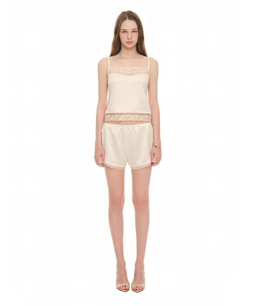 TOOMUCHTAX Lace Trim Slip Shorts Ivory