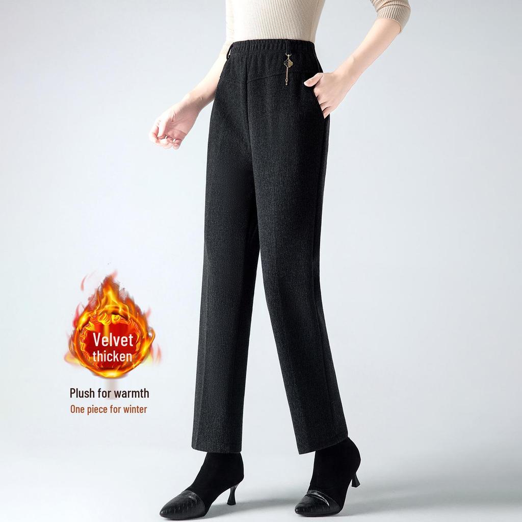 Damskie spodnie z wysokim stanem i podszewką z polaru 2025 - Wiosna/Jesień, Grube wełniane z prostymi nogawkami dla osób w średnim wieku i starszych
