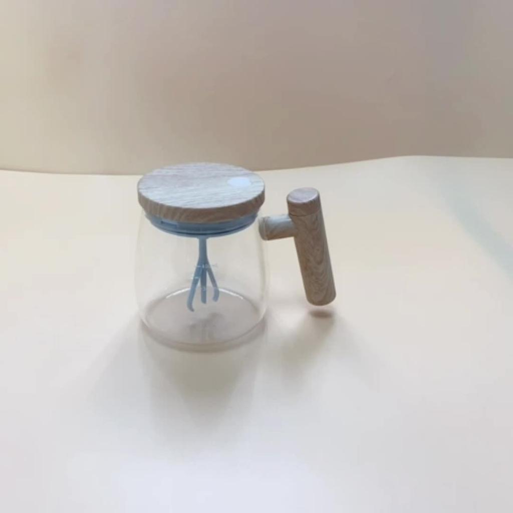 400ml Electric Self-Stirring Mug - High Borosilicate Glass Mixing Cup with Wooden Handle for Coffee, Milk, Protein Powder - Ideal for Home, Office