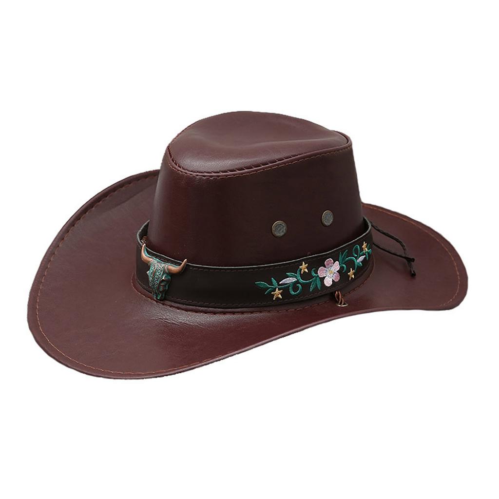 Floral Embroidered Bull Head Rivets Cowgirl Hat Women Retro Wide Brim Western Caps Party Travel Fashion PU Leather Panama Hats