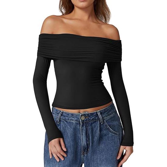 European and American Women's One-Shoulder Long-Sleeve Milk Silk T-Shirt - Elegant and Stylish Design
