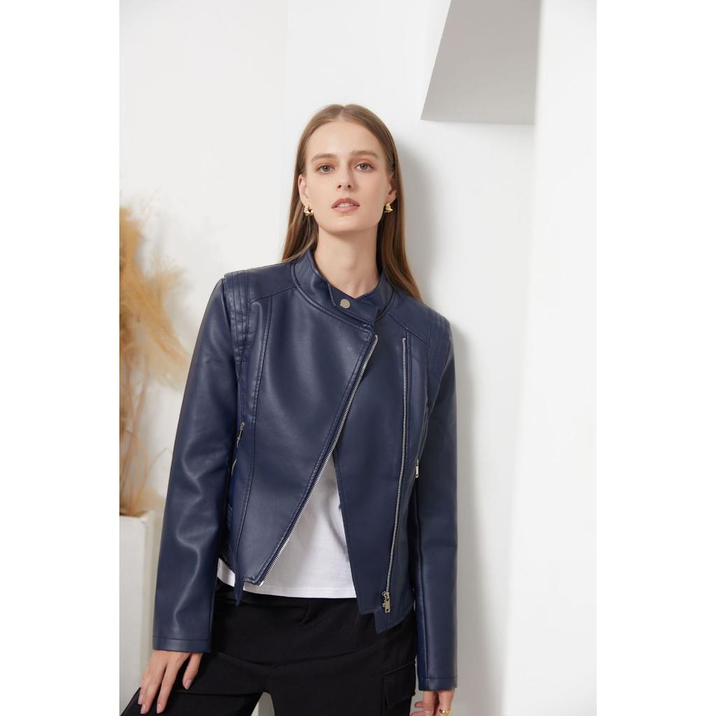 Nouvelle Veste en Cuir Courte Ajustée pour Femme avec Col en Cuir PU, Vêtement d'Extérieur Fin à Manches Longues Printemps Automne