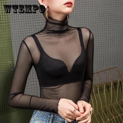 Sexy Frauen T-Shirt Durchsichtige Transparente Tops Langarm Sheer Slim Damen Rollkragen T-Shirt Neue Ankunft Frauen Pullover